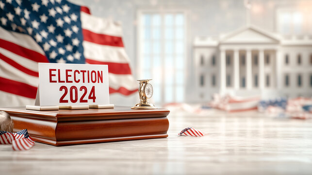 Election 2024 sign is displayed on wooden podium with hourglass and american flag, evoking concept of upcoming usa elections
