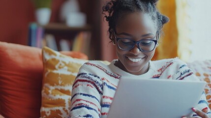 Woman engrossed in reading on a tablet