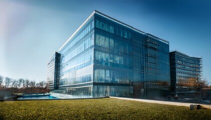 Obraz premium A modern glass-building surrounded by greenery under a clear blue sky, showcasing contemporary architecture and construction work in progress.