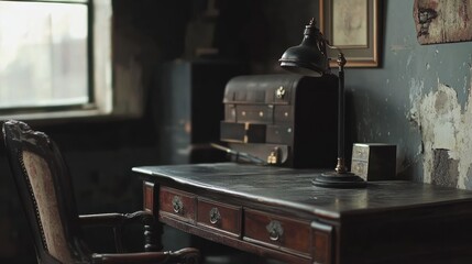 Vintage Desk with Lamp in Old Building