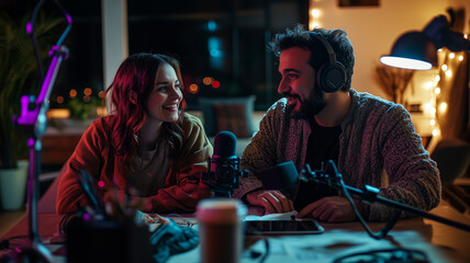 Obraz premium Two podcasters, a man and a woman