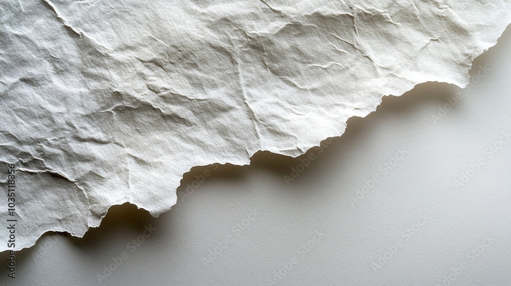 Leinwandbilder A piece of handmade textured paper lies on a smooth background, featuring neatly torn edges that highlight its unique craftsmanship and fiber variations, inviting creative use.
