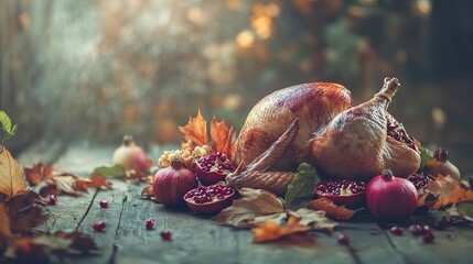 A festive display of roasted turkey, autumn leaves, and pomegranates.