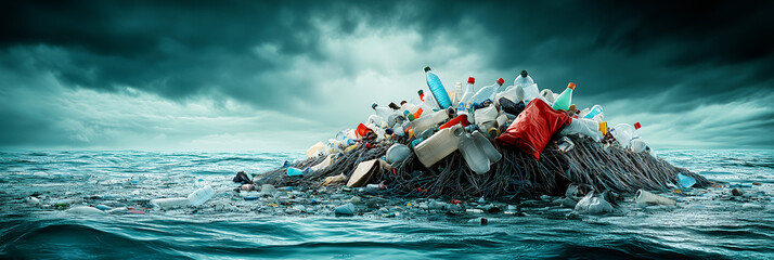 Large amount of plastic garbage is floating in the ocean, forming an island