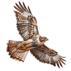 A stunning illustration of a hawk in flight, showcasing its magnificent wings and detailed feather patterns.