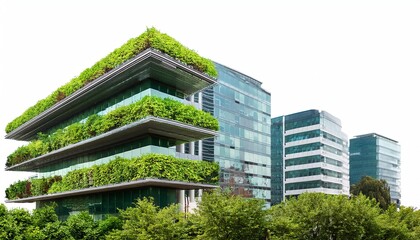 Fototapeta premium A modern, eco-friendly building design featuring lush greenery and glass, blending nature with architecture in an urban setting.