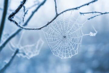 Frost-covered spider web glistens in the morning light on a cold winter day in a serene outdoor setting