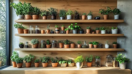 Green Plants in Pots on Wooden Shelves