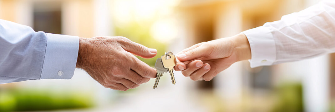 Real estate agent is giving keys to the new owner of a house