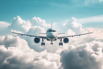 Fototapeta premium Airplane in the flight, travel background with airplane flying in the blue sky over the clouds. Flying airplane with blank livery 