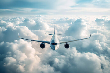 Fototapeta premium Airplane in the flight, travel background with airplane flying in the blue sky over the clouds. Flying airplane with blank livery 