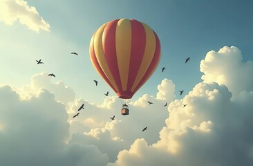 Fototapeta premium A hot air balloon floats in a cloudy sky as a large flock of birds fly below it.
