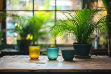 Three glasses sit on a wooden table next to a potted palm plant.