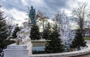 Fototapeta premium Champ de Mars Park in Colmar and its Christmas trees. Alsacia, France