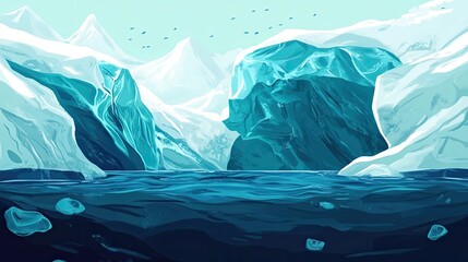 Obraz premium A blue iceberg split in two by the sea with a view of a mountain range in the background.