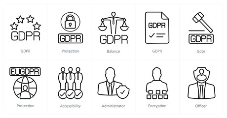 A set of 10 gdpr icons as gdpr, protection, balance