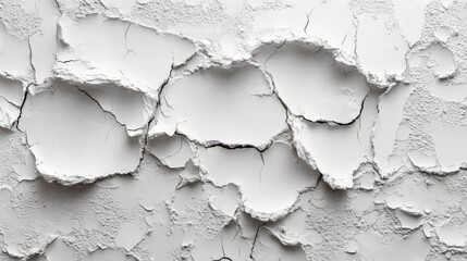 The textured surface reveals a white wall where paint has chipped away, exposing cracks and flaking layers that indicate age and disrepair, lit by natural light.