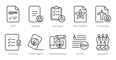 A set of 10 gdpr icons as gdpr, copyright, wraning list