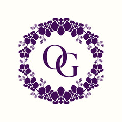 The purple orchid bouquet logo is in the shape of a circle.