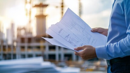 A civil engineer examining structural plans with a construction site in the background, Construction planning scene, Analytical and precise style