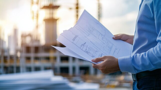 A civil engineer examining structural plans with a construction site in the background, Construction planning scene, Analytical and precise style