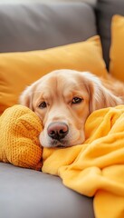 Obraz premium A golden retriever dog rests on a couch covered in a yellow blanket, looking cozy and relaxed.