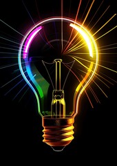A glowing bulb icon with colorful light rays isolated on a black background showcasing creativity and innovation