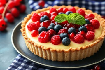 A delicious fruit tart with a flaky crust, topped with fresh berries and a dollop of custard.