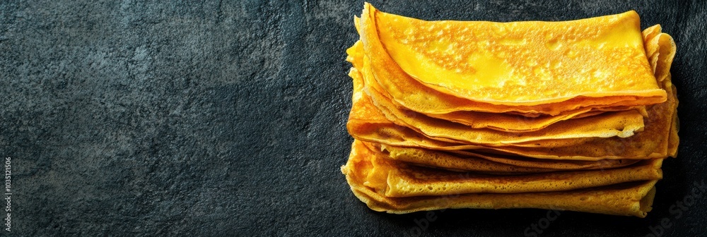 Poster freshly made golden crepes are neatly stacked on a dark surface, inviting a delicious culinary exper