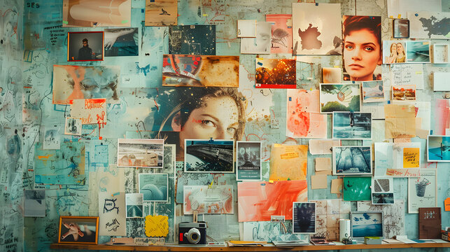 A vision board themed around entrepreneurship, showcasing images of innovative products, business plans, motivational quotes, and successful entrepreneurs