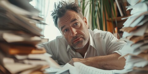 Overwhelmed professional juggling paperwork, phone calls, and inquiries from the team, struggling with stress, burnout, and deadlines in the office