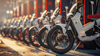 Fototapeta premium Electric Bike Charging Station with Multiple Parked Electric Motor Bikes, Representing an Eco-Friendly Transport Concept and Sustainable Urban Mobility Solutions
