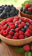 A bowl of fresh raspberries and blueberries, perfect for a summer snack or dessert.