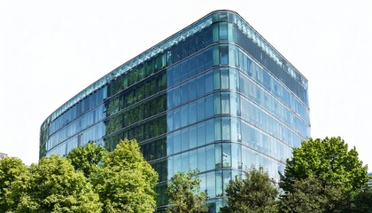 A modern, glass-clad office building surrounded by lush greenery, showcasing contemporary architecture and eco-friendly design elements.