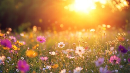 Fototapeta premium Vibrant Field of Wildflowers at Sunrise