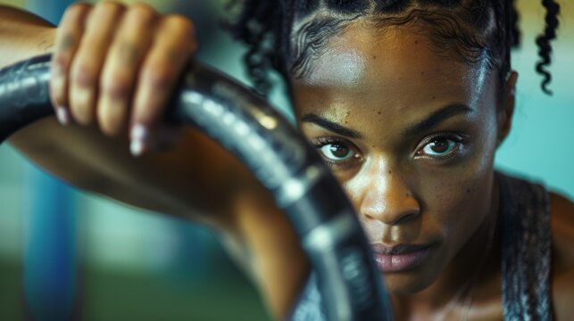 Strong woman training with rings, showcasing her muscles and determination during a workout session at a gym