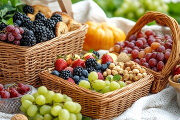 A variety of fresh fruits, including grapes, strawberries, blackberries, and blueberries, are arranged in wicker baskets.  These colorful fruits would be a great addition to any picnic.