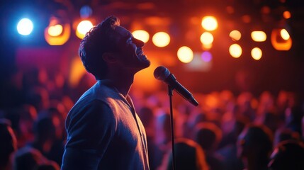Standup comedian delivering a punchline to a laughing audience, bright stage lights, ultrarealistic detail of expressions, microphone, and lively atmosphere