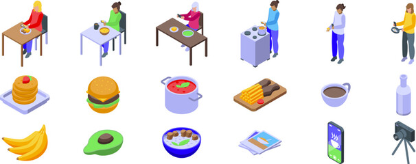 Girl taking food photo icons set. This isometric set features people cooking, eating, and taking pictures of food