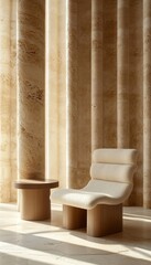 A plush, white armchair with a rounded back sits beside a wooden side table against a backdrop of textured, stone columns.