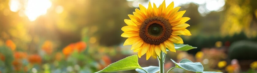 Obraz premium Sunflower standing tall in a garden, bathed in golden sunlight, ultrarealistic detail of vibrant petals and growth in nature