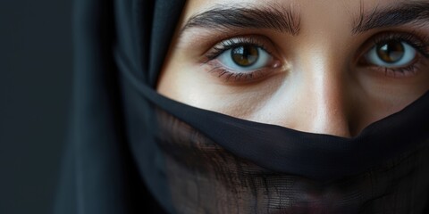 Elegant woman wearing a burka against a studio backdrop, symbolizing empowerment and tradition, showcasing beauty with a hijab in an artistic style