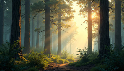 Fototapeta premium Sunlight Filtering Through a Forest of Tall Trees