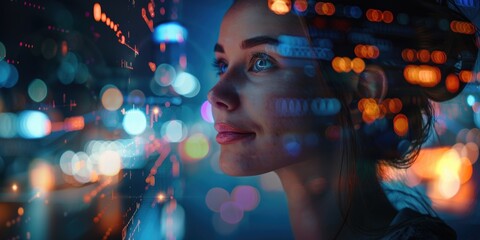 Female professional contemplating future plans with a holographic overlay, smiling while brainstorming career objectives in a dimly lit office setting