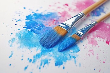 Fototapeta premium paintbrushes are on a white surface with splatters of blue and pink paint
