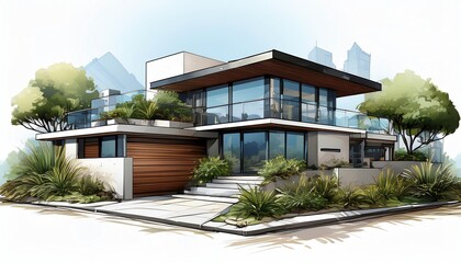 Fototapeta premium A modern architectural design of a house surrounded by greenery, featuring large windows and a stylish, contemporary aesthetic.