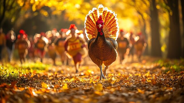 A Turkey Trot race with participants wearing turkey hats and Thanksgiving costumes, running down a trail covered with fallen autumn leaves, bright sunlight casting golden hues over the scene,