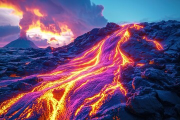 Fiery eruption of a 3D volcano with molten lava and dramatic clouds in the sky