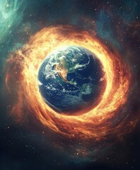 Fototapeta premium Fiery Planet Earth Surrounded by Cosmic Explosion in Celestial Galaxy