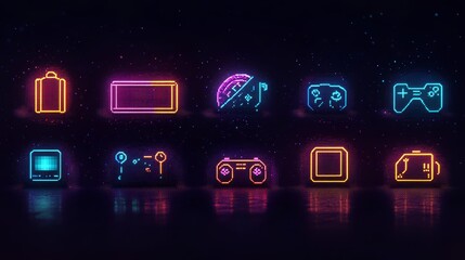 Neon Pixel Game Controller Icons on Dark Background
